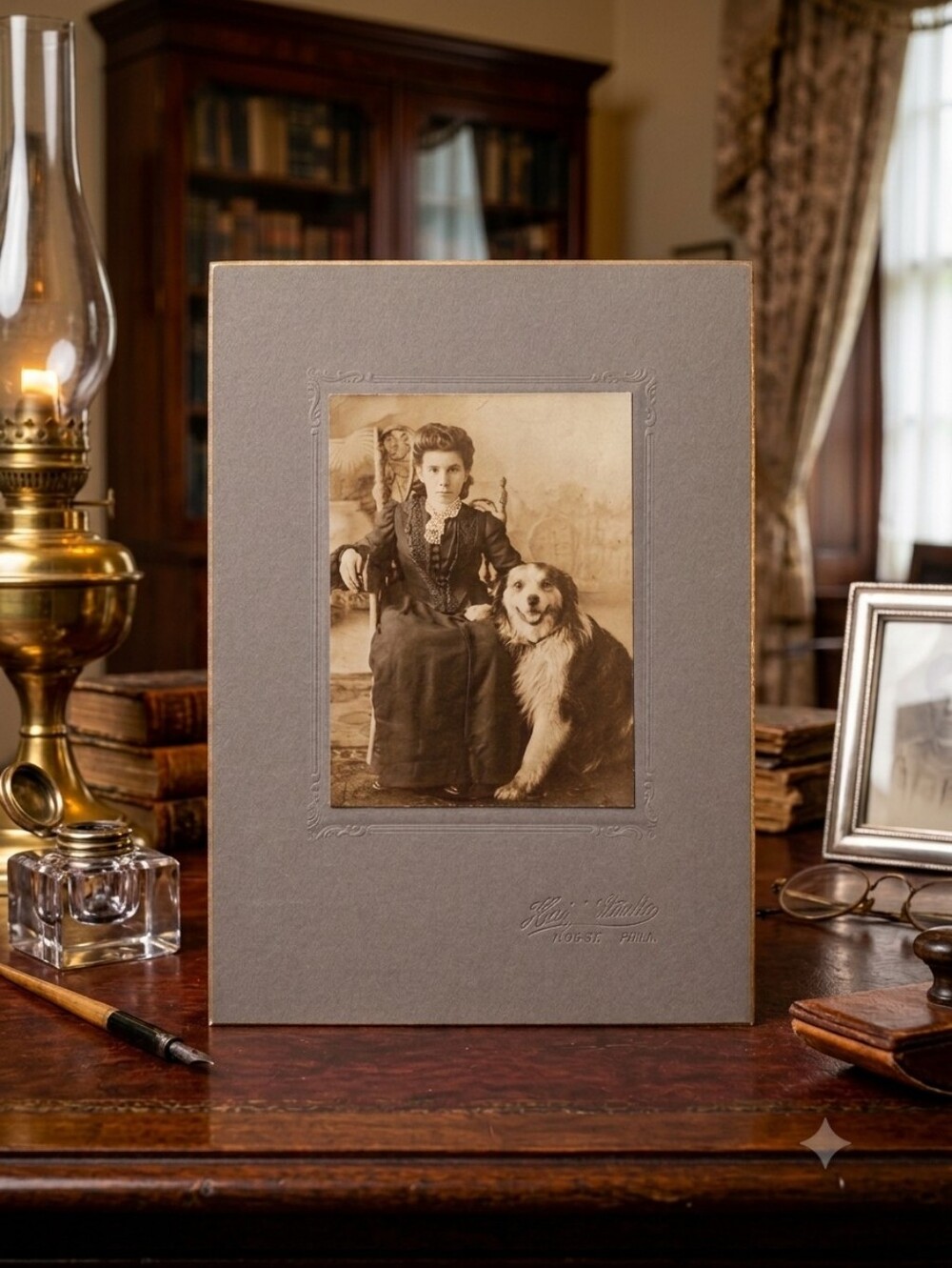 Antique Victorian Woman & Dog Cabinet Card Photo Philadelphia N 8th St 1890s
